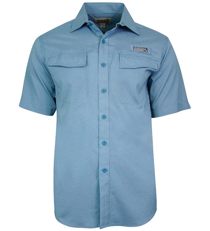 Blue short-sleeve button-up shirt on a white background