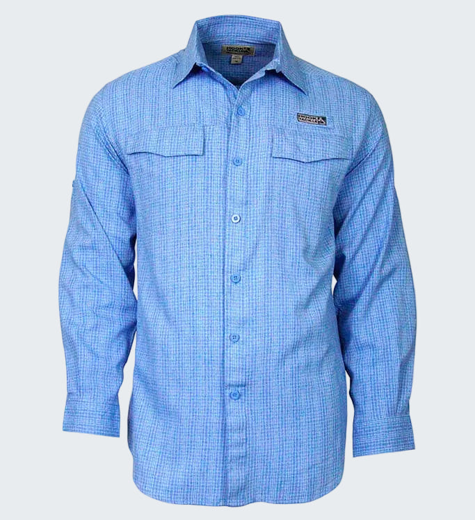 Blue checkered shirt with a brand logo on a white background