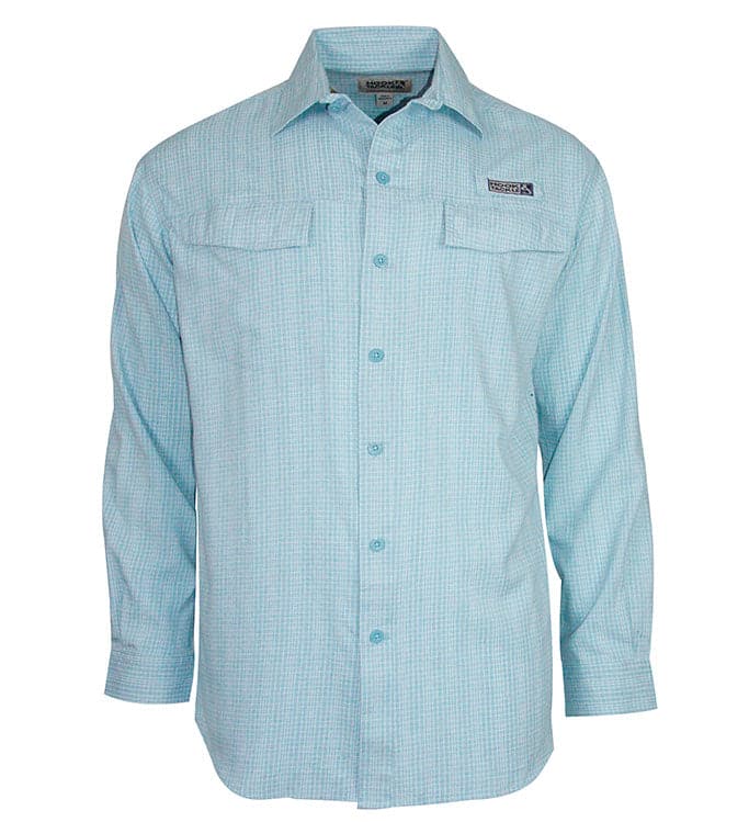 Light blue checkered shirt with Patagonia logo on a white background