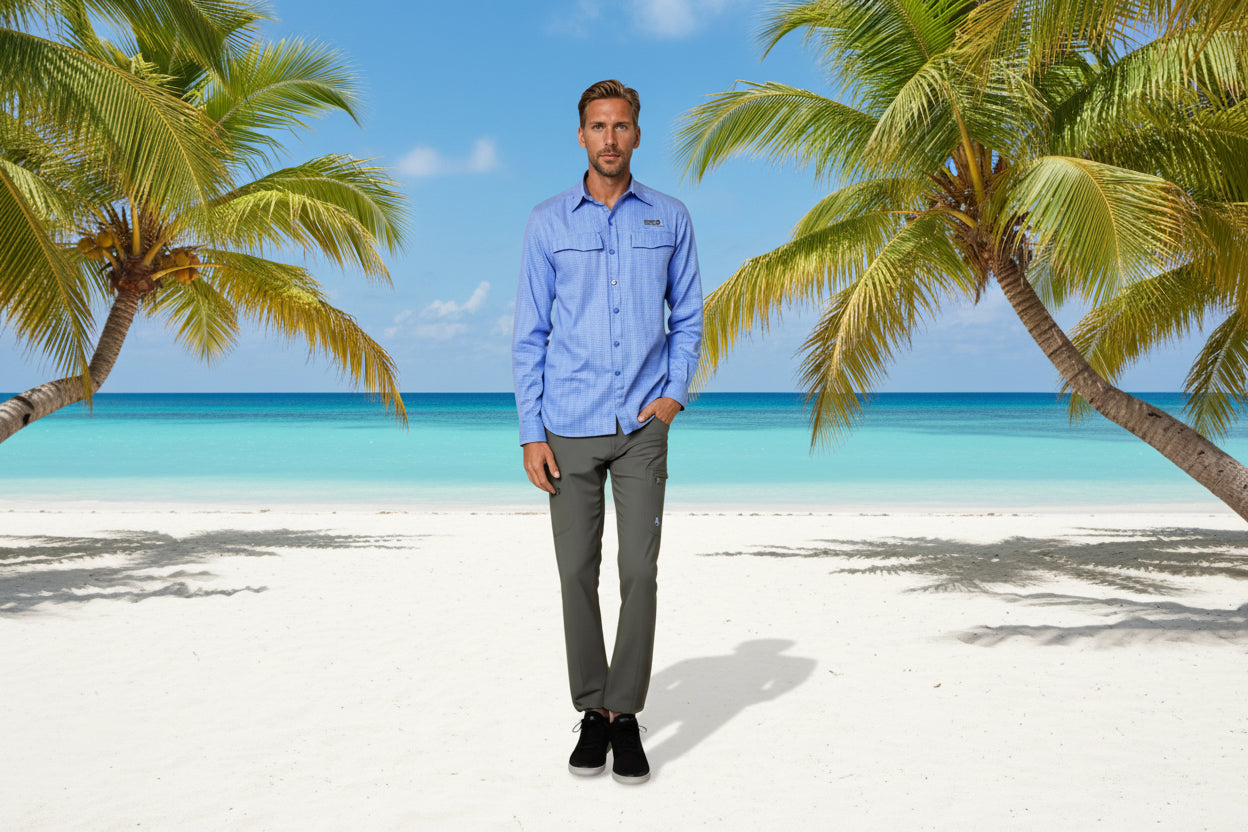 Man wearing a blue shirt and gray pants on a white background