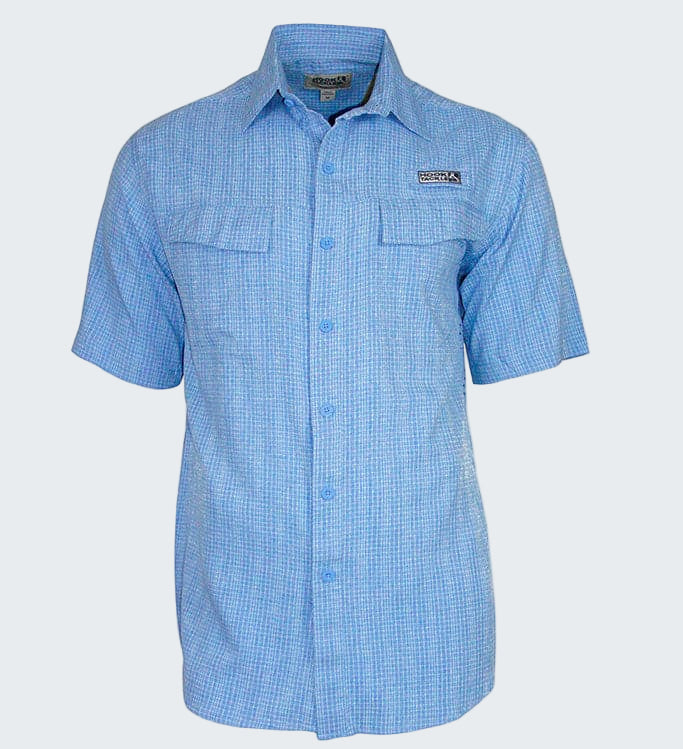 Blue checkered short-sleeve shirt on a white background