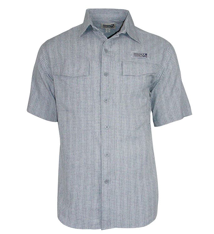 Short-sleeve checkered shirt with a brand logo on a white background