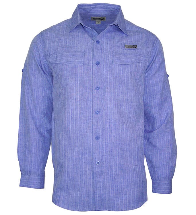 Blue button-up shirt with a brand logo on a white background