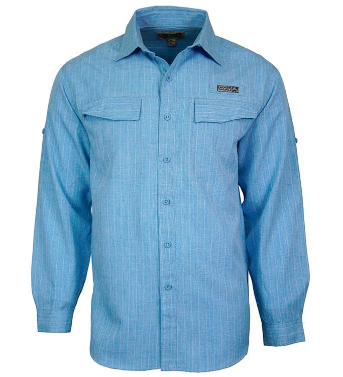 Blue button-up shirt with a brand logo on a white background