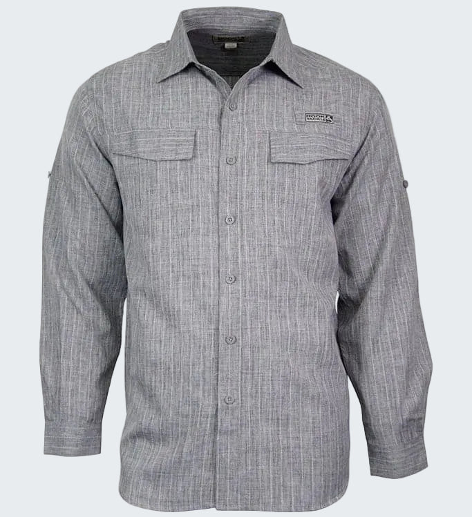 Gray checkered shirt with a brand logo on a white background