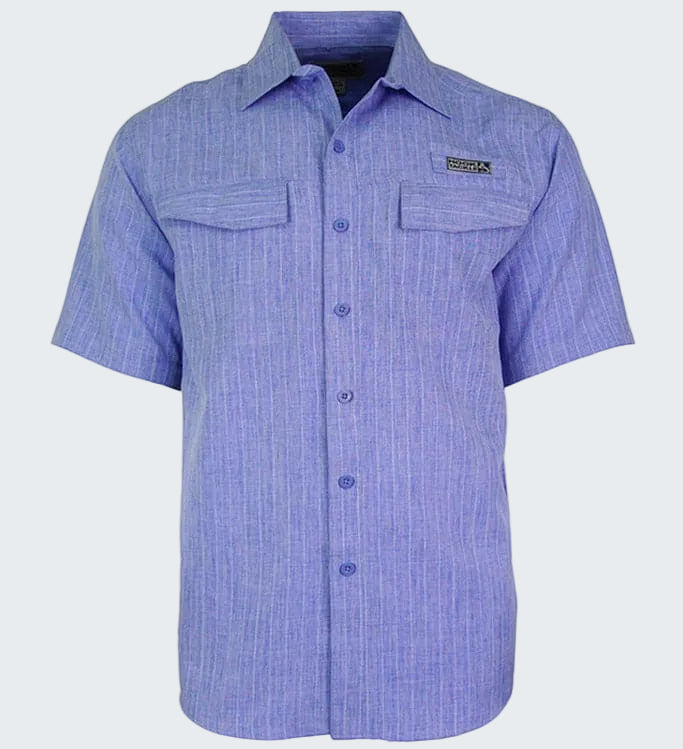 Blue short-sleeve shirt with a brand logo on a white background