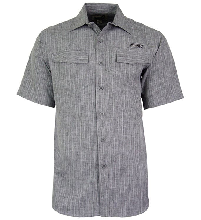 Gray short-sleeve button-up shirt on a white background