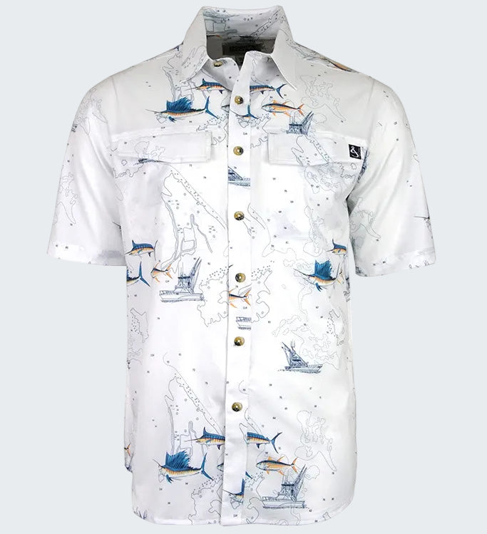 White shirt with fish pattern on a white background