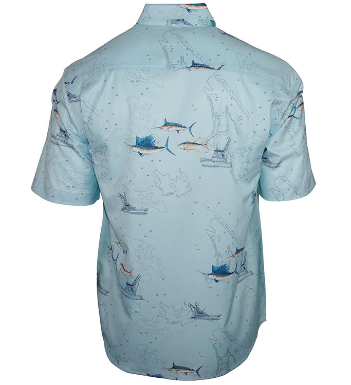 Light blue shirt with fish and map design on a white background