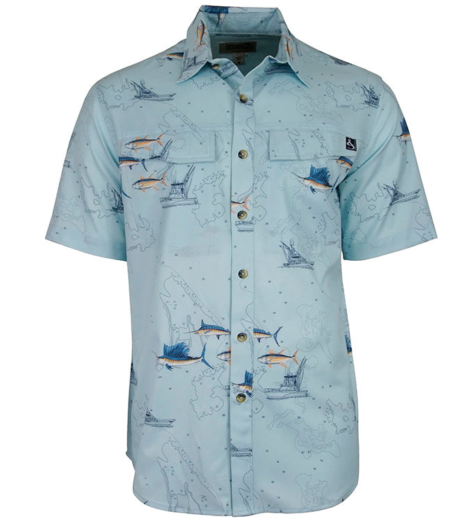 Light blue button-up shirt with fish pattern on a white background