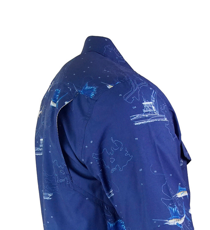 Blue shirt with white graphic design on a white background