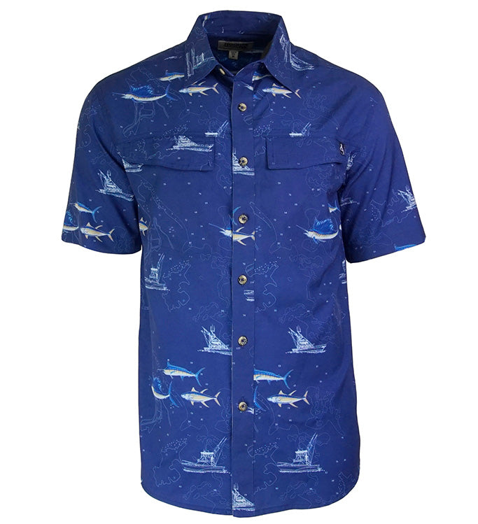 Blue shirt with white shark and boat pattern on a white background