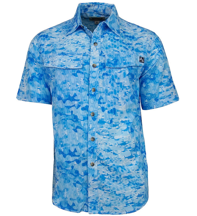 Blue camouflage short-sleeve shirt on a white background
