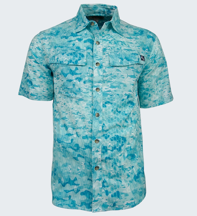 Blue camouflage patterned shirt on a white background
