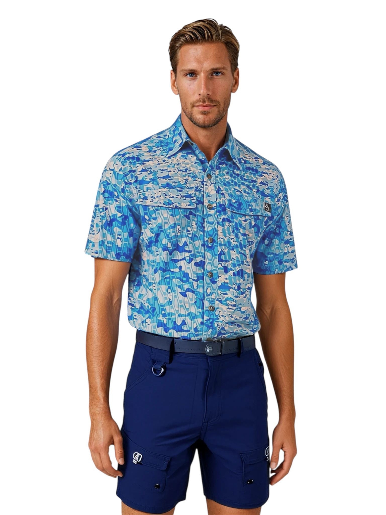 Man wearing a blue camouflage shirt and navy shorts on a white background