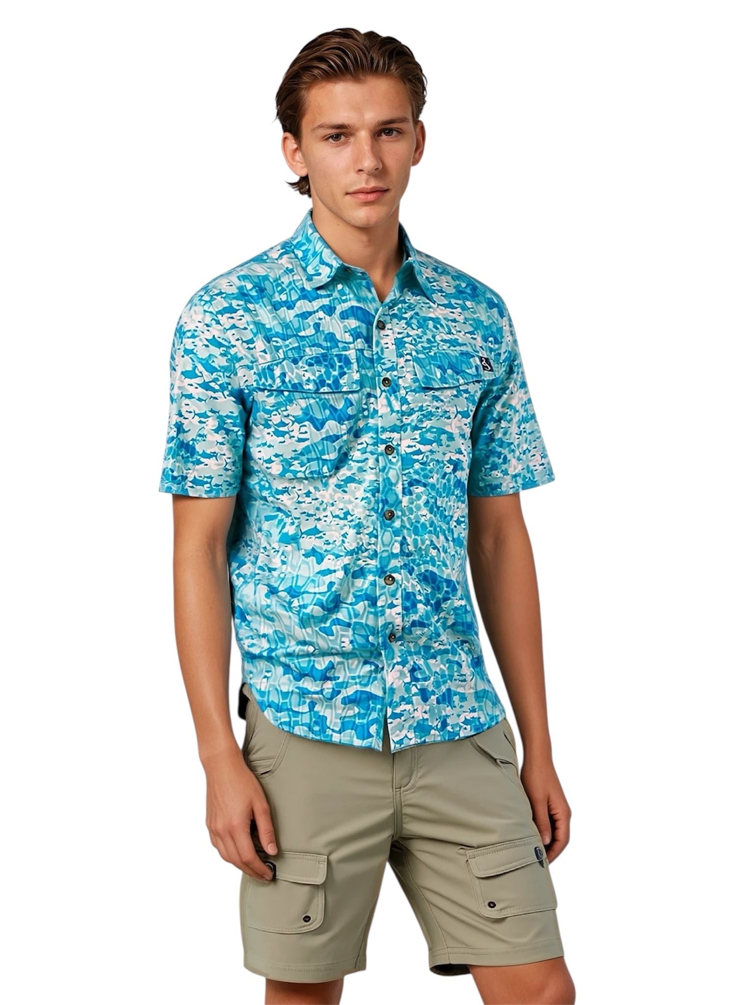 Man wearing a blue camouflage shirt and beige shorts on a white background