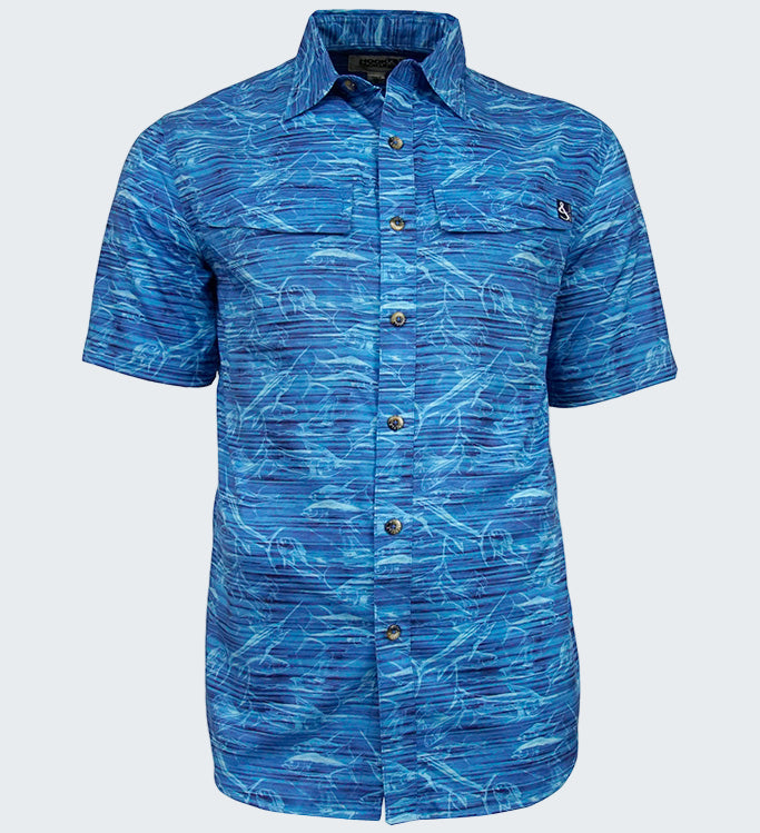 Blue patterned short-sleeve shirt on a white background
