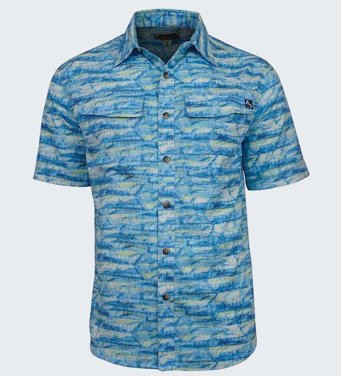 Blue patterned short-sleeve shirt on a white background