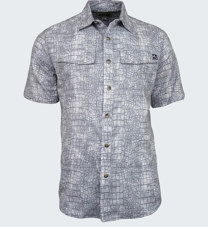 Short-sleeve shirt with a geometric pattern on a white background