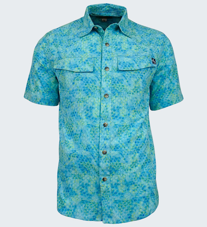 Blue patterned shirt with a brand logo on a white background