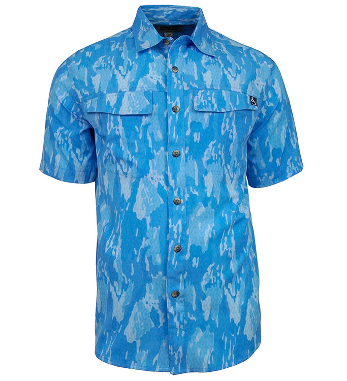Blue camouflage patterned shirt on a white background