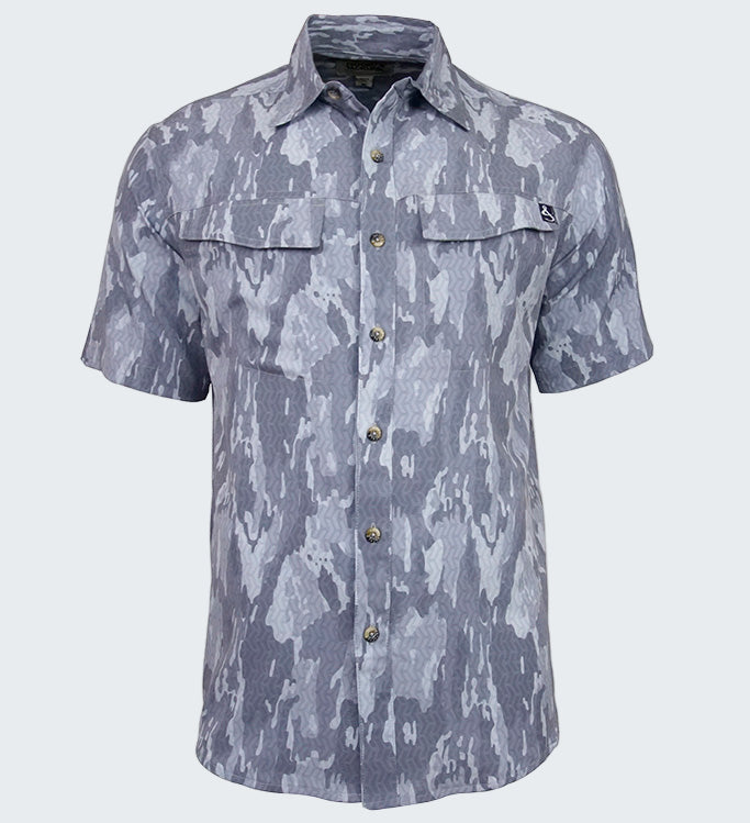 Short-sleeve button-up shirt with camouflage pattern on a white background
