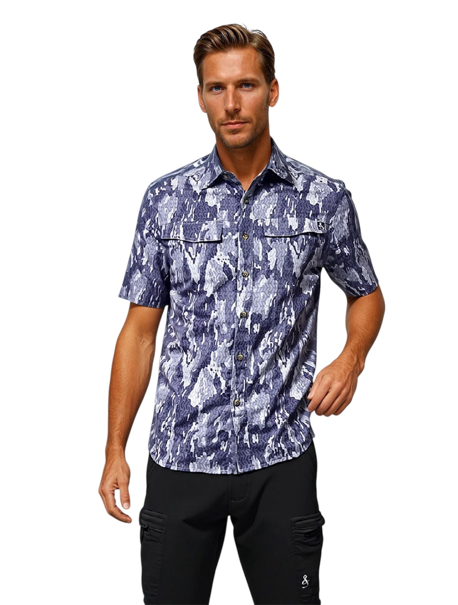 Man wearing a patterned shirt on a white background