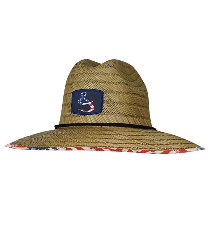 Straw hat with a blue patch on a white background