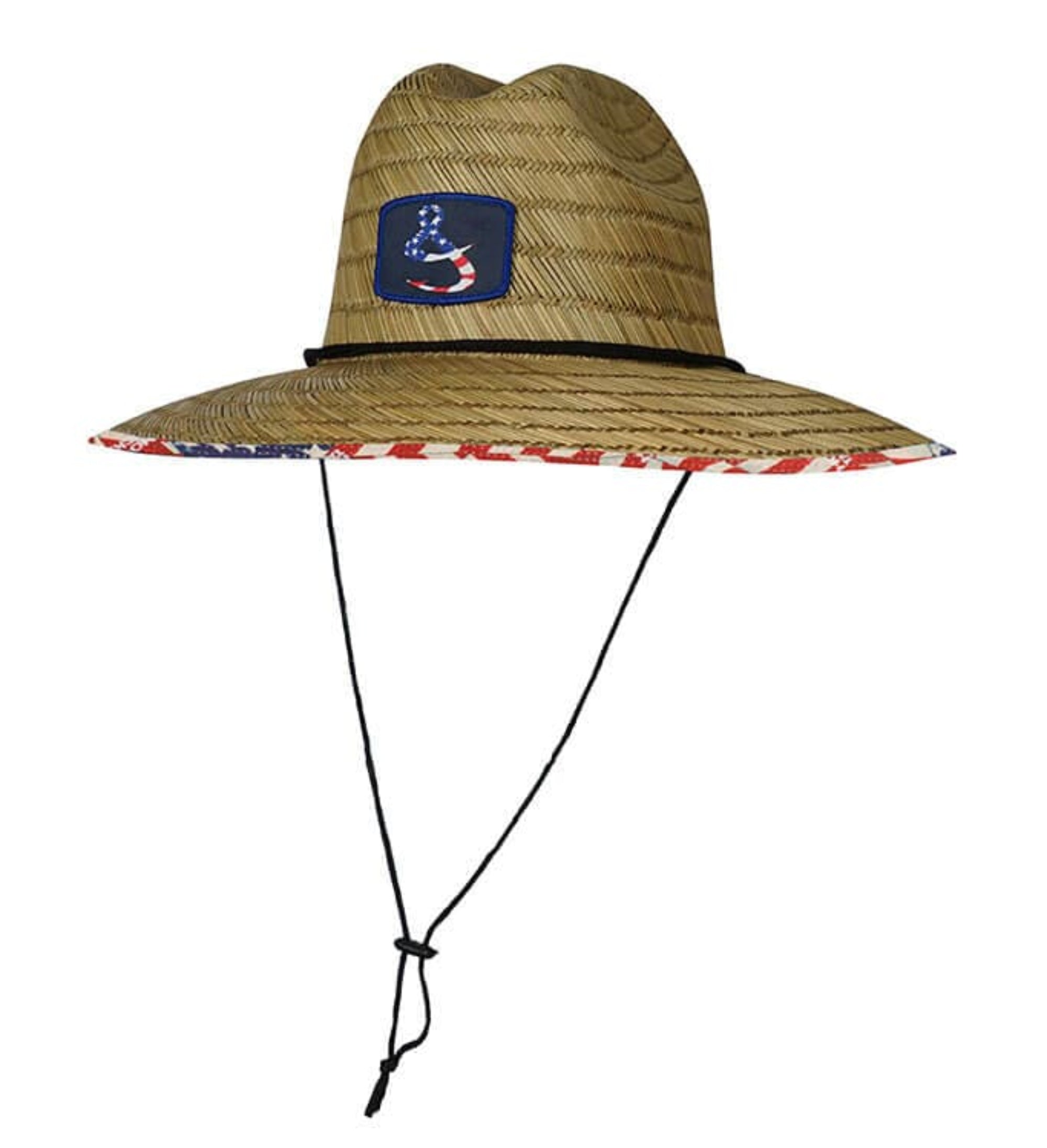 Straw hat with a blue patch featuring a white star on a white background