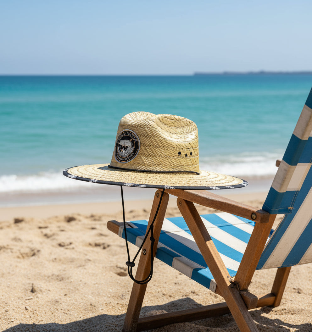 Straw hat with a logo on a white background