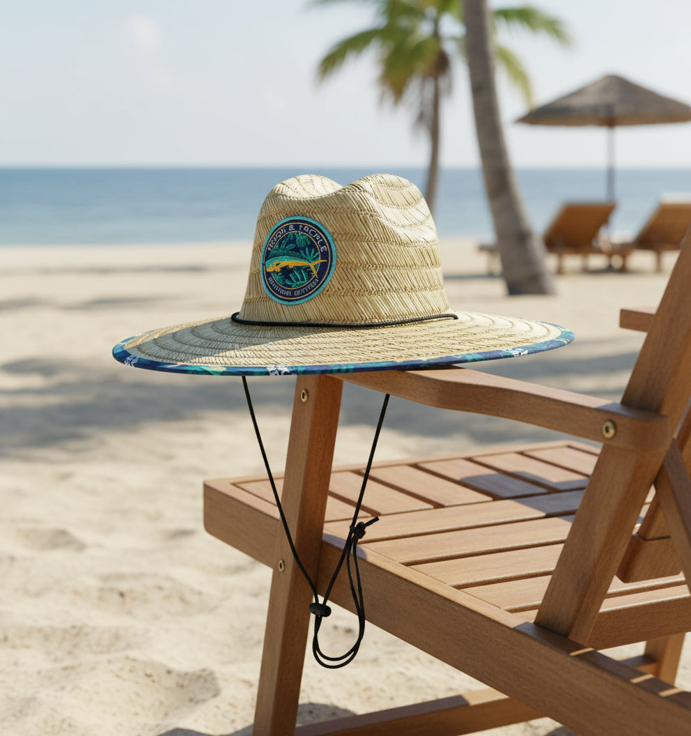Straw hat with a logo on a white background