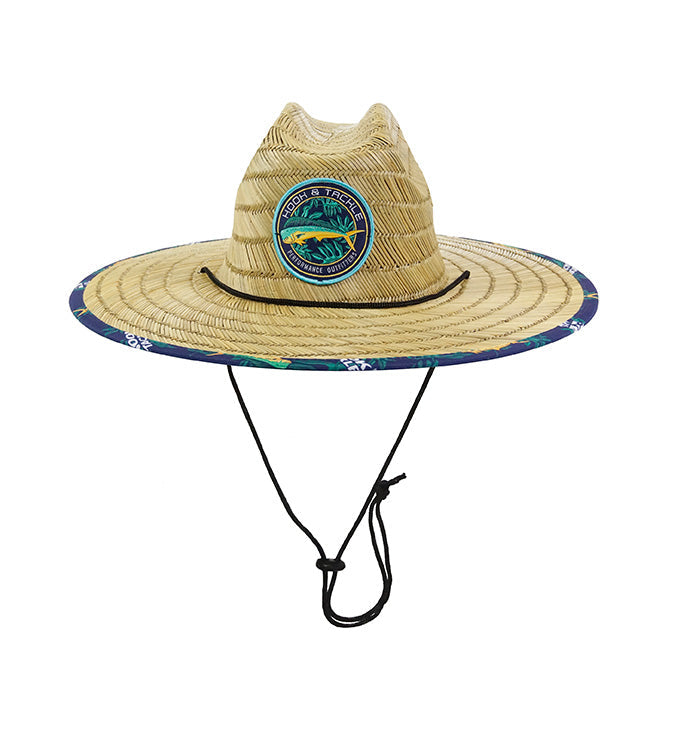 Straw hat with a logo on a white background