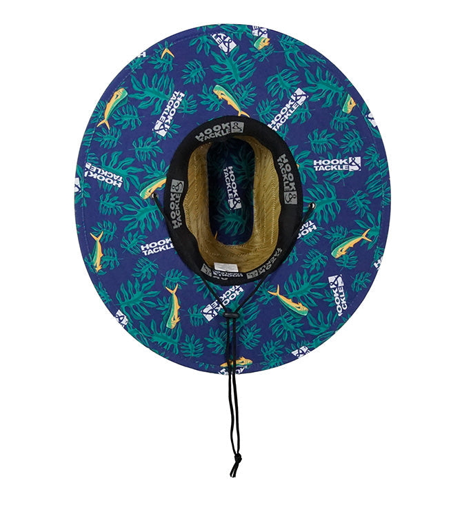 Colorful bucket hat with leaf pattern and brand logo on a white background