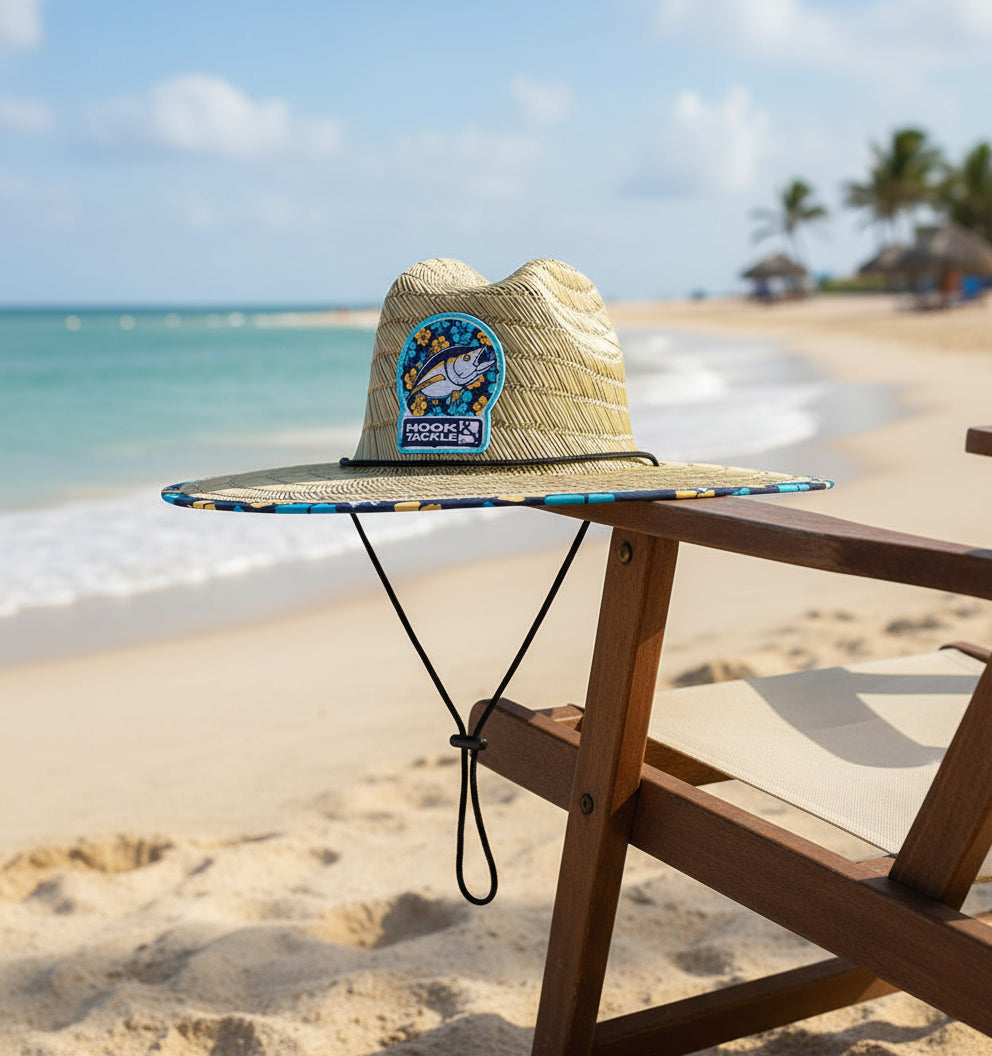 Straw hat with a logo on a white background