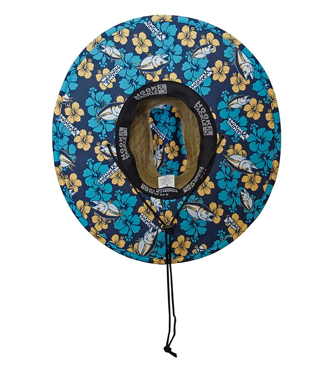 Floral patterned sun hat with a drawstring on a white background