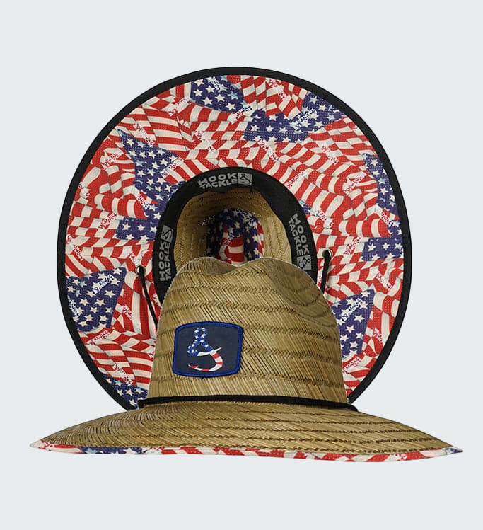 Straw hat with American flag pattern on a white background
