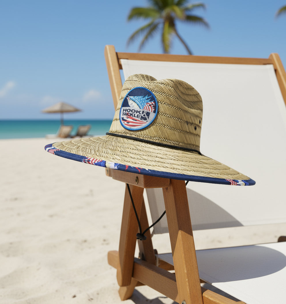 Straw hat with Hook & Tackle logo on a white background