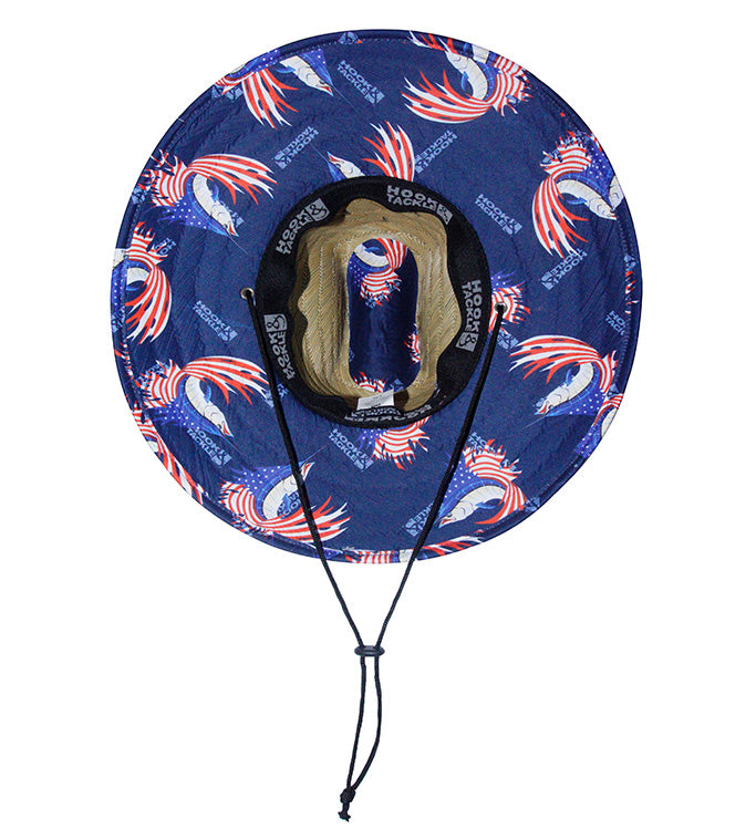 Blue cowboy hat with American flag pattern on a white background
