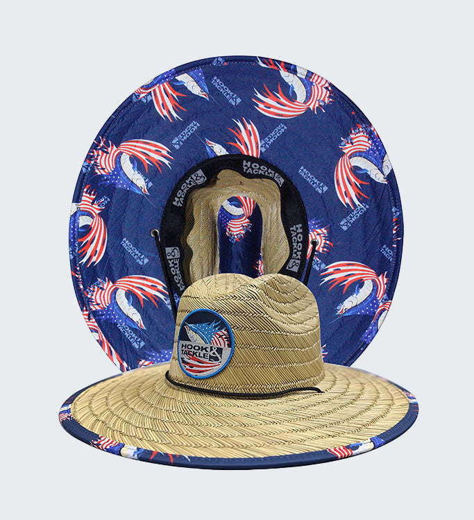 Straw hat with American flag design on a blue background