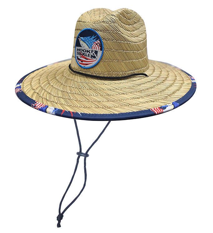 Straw hat with a Hook & Tackle logo on a white background