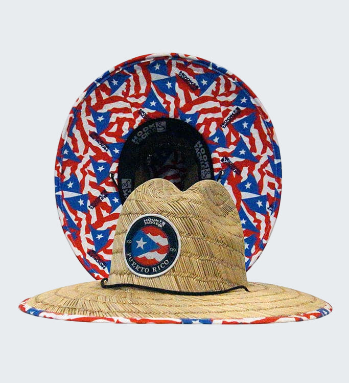 Straw hat with Puerto Rican flag design on a white background