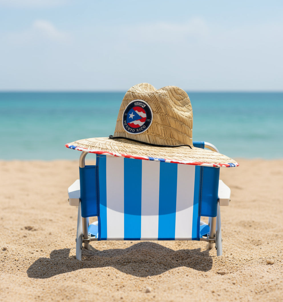 Straw hat with Puerto Rico emblem on a white background