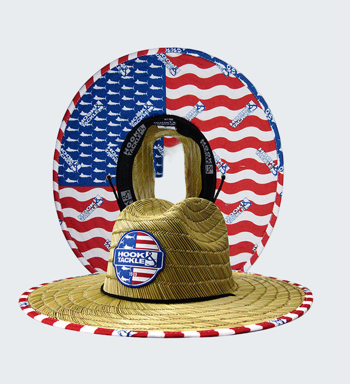 Straw hat with American flag design and 'Hook & Tackle' logo on a white background