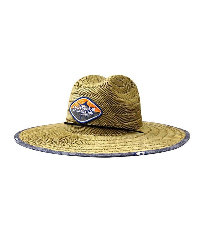 Yellow straw hat with a logo on a white background