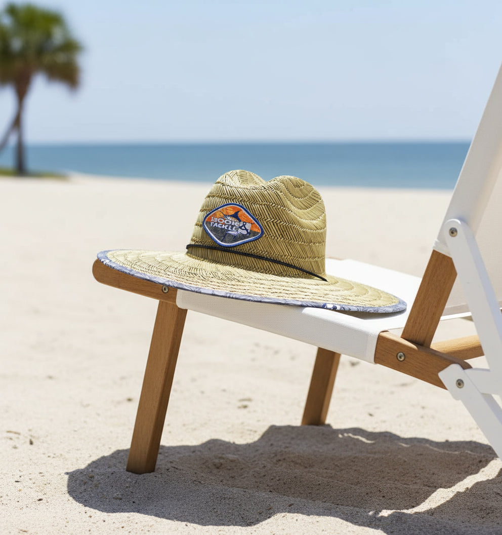 Yellow straw hat with a logo on a white background
