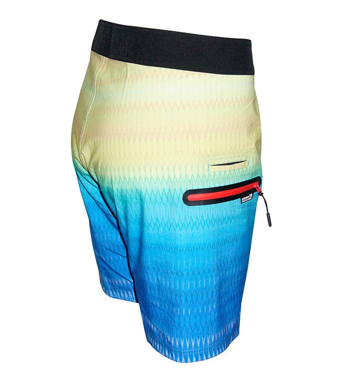 Gradient shorts with blue and green pattern on a white background