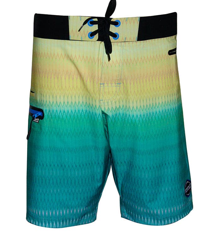 Gradient blue and yellow board shorts with black accents on a white background