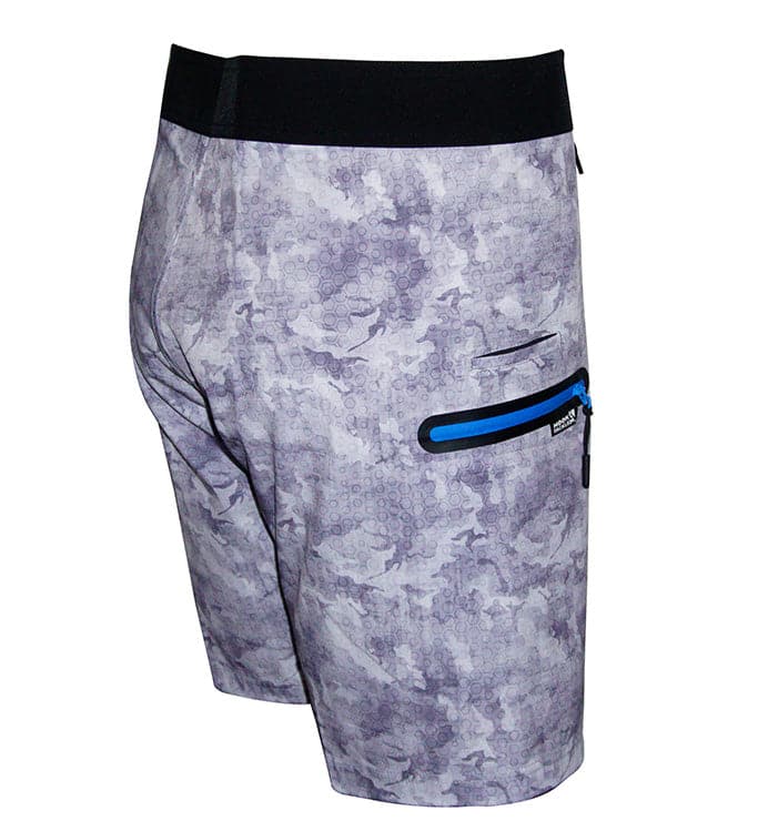 Gray camouflage shorts with a black waistband and blue stripe on a white background