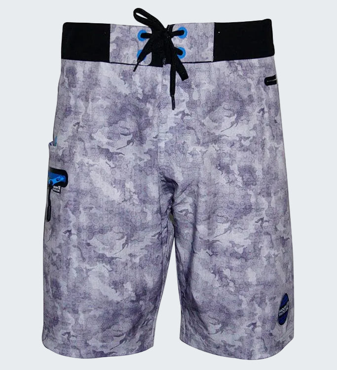 Camouflage-patterned shorts with a black waistband and blue accents on a white background