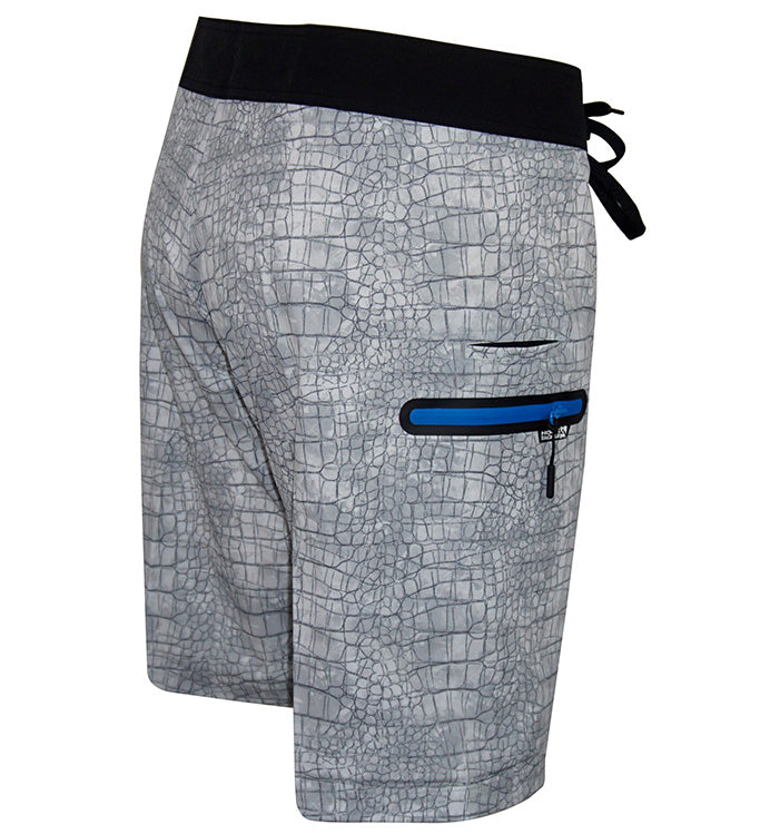Gray textured shorts with a black waistband and blue stripe on a white background
